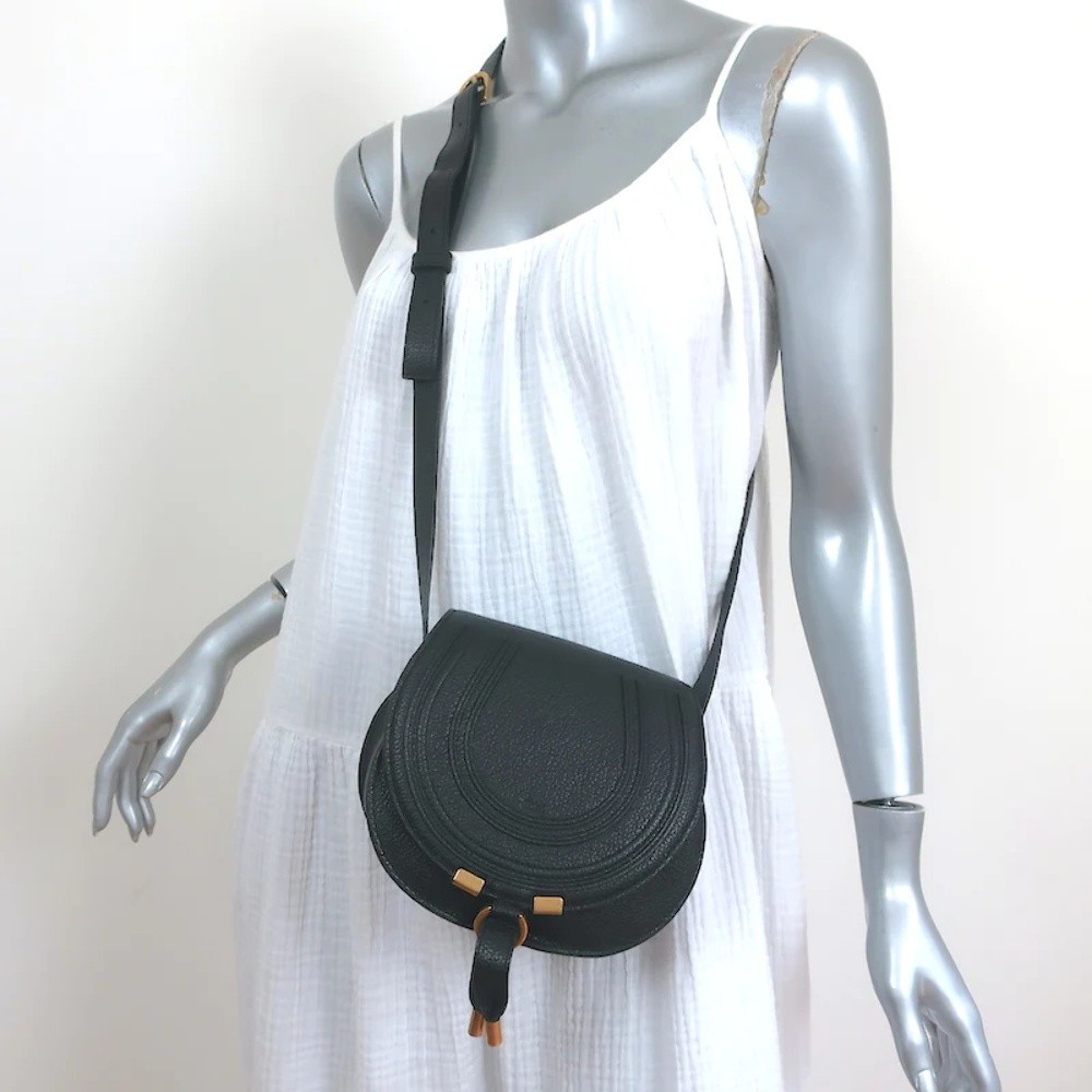Chloe Marcie Small Saddle Bag Black Grained Leather Crossbody NEW - Picture 1 of 10